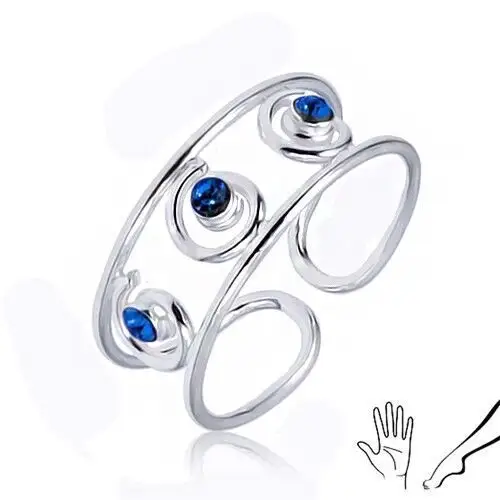 Srebrny pierścionek 925 na rękę lub nogę, trzy niebieskie cyrkonie w spiralkach Biżuteria e-shop