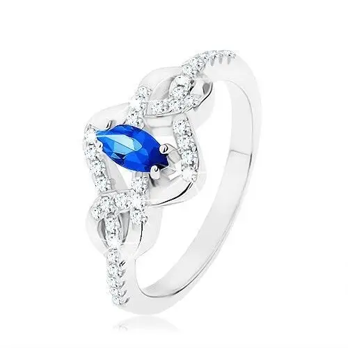 Srebrny pierścionek 925, niebieski cyrkoniowy owal, przeplecione linie zdobione cyrkoniami - Rozmiar: 54, kolor niebieski