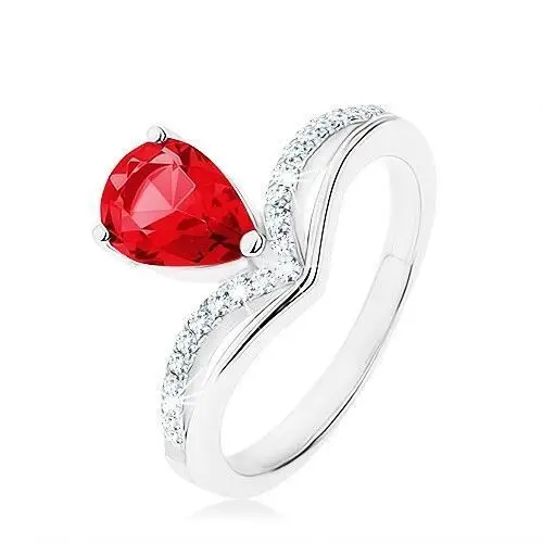 Srebrny pierścionek 925, obócona łza - różowa cyrkonia, szpicata linia - Rozmiar: 57, kolor różowy