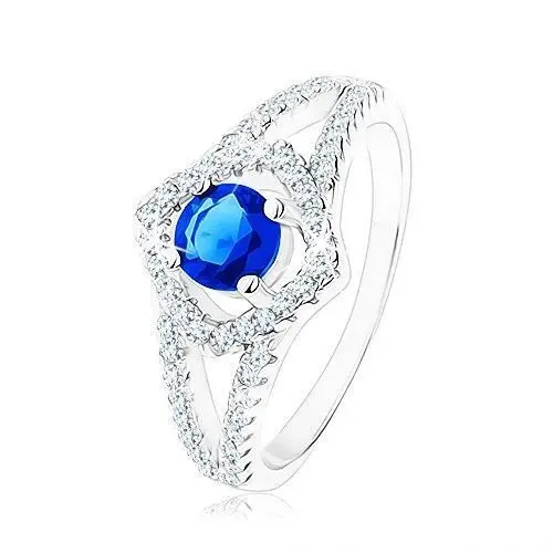 Srebrny pierścionek 925, rozdwojone ramiona, zarys kwadratu, niebieska cyrkonia - Rozmiar: 49, kolor niebieski