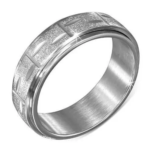 Srebrny pierścionek ze stali - obracający się środkowy pas z rysami - Rozmiar: 54, kolor szary