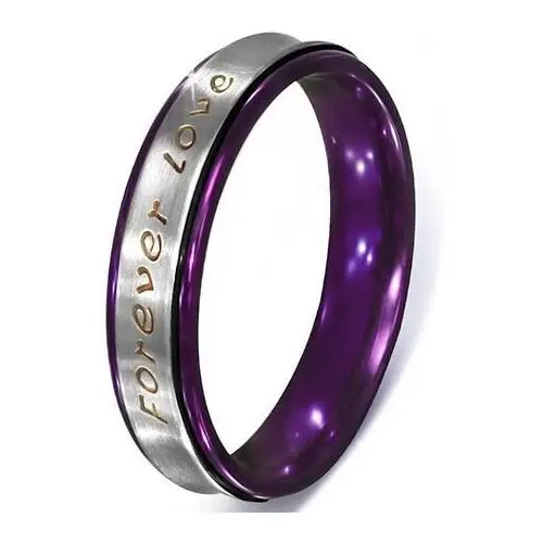 Biżuteria e-shop Srebrny pierścionek ze stali - tekst forever love, fioletowe krawędzie - rozmiar: 59