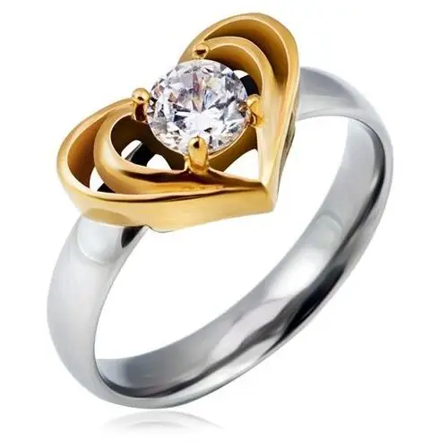 Srebrny stalowy pierścionek ze złotym podwójnym sercem, przeźroczysta cyrkonia - Rozmiar: 59, kolor żółty