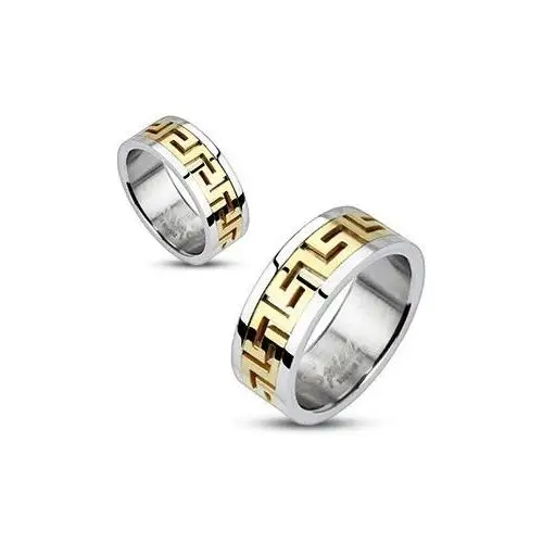 Biżuteria e-shop Srebrny stalowy pierścionek - złoty grecki motyw - rozmiar: 49