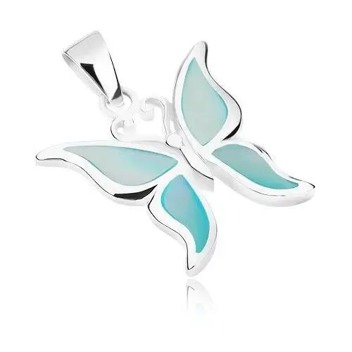 Srebrny wisiorek 925, motylek ze skrzydłami ozdobionymi niebieską masą perłową, SP62.25