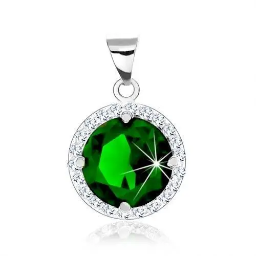 Srebrny wisiorek 925, okrągła szmaragdowo zielona cyrkonia, przezroczysta cyrkoniowa obwódka Biżuteria e-shop