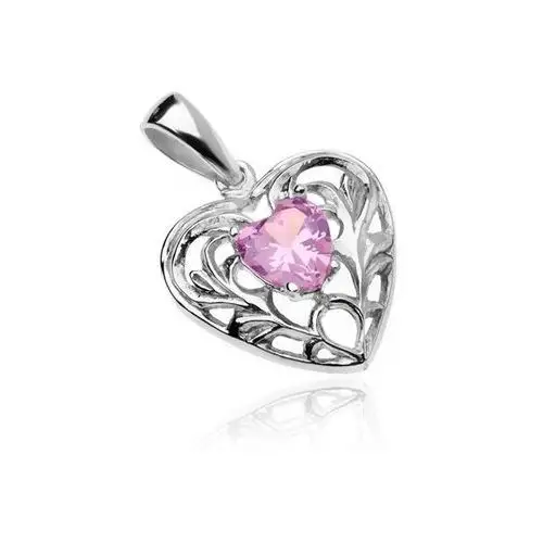 Srebrny wisiorek 925 - zdobione serce z różowym cyrkoniowym serduszkiem pośrodku Biżuteria e-shop