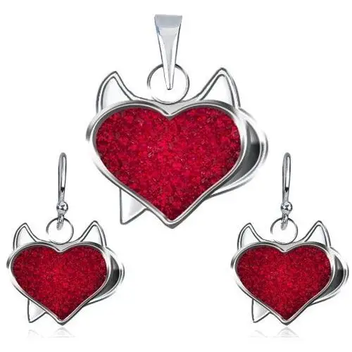 Srebrny zestaw 925 zawieszka i kolczyki - czerwone cyrkoniowe serce, diabełek, kolor czerwony