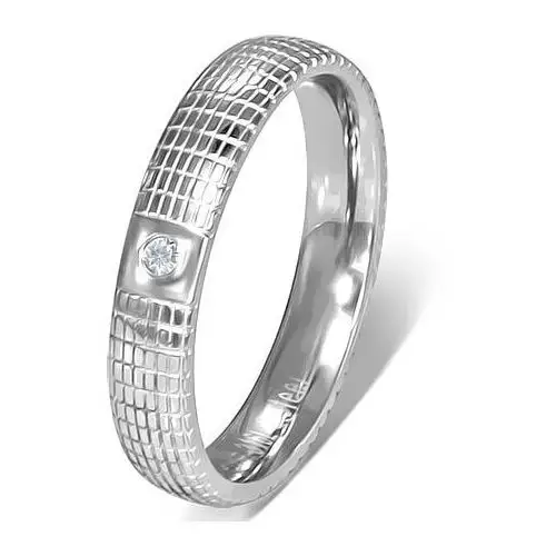 Biżuteria e-shop Srebrzysty pierścionek z przeźroczystym oczkiem i kratką - rozmiar: 57