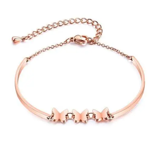 Biżuteria e-shop Stalowa bransoleta w kolorze miedzi - trzy motyle, dwa solidne łuki, delikatny łańcuszek