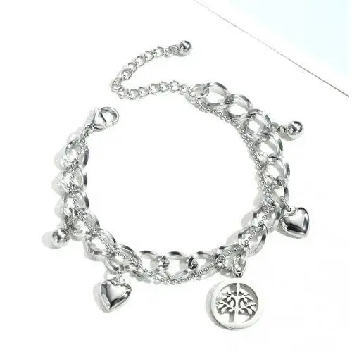 Biżuteria e-shop Stalowa bransoletka - łańcuszek z zawieszkami drzewo życia, serduszka, kuleczki, srebrny kolor