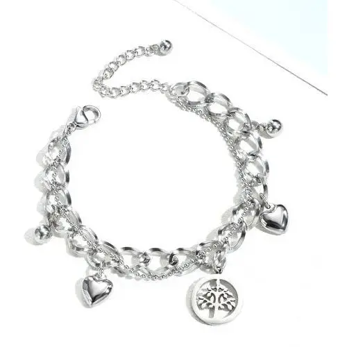 Biżuteria e-shop Stalowa bransoletka - łańcuszek z zawieszkami drzewo życia, serduszka, kuleczki, srebrny kolor