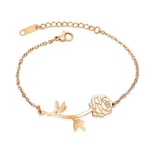 Stalowa bransoletka - lśniąca grawerowana róża, subtelny łańcuszek w kolorze miedzi Biżuteria e-shop