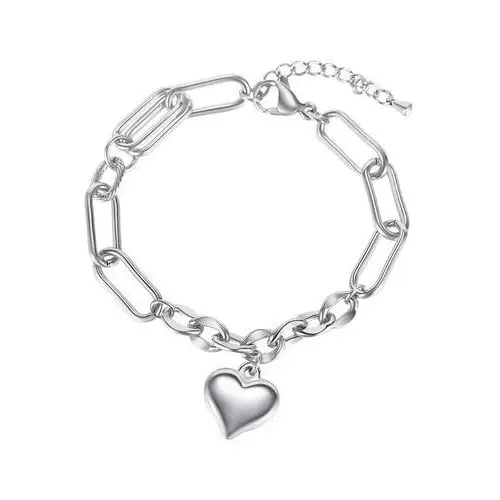 Stalowa bransoletka - lśniące serce, różne rodzaje ogniw, srebrny kolor, SP49.26