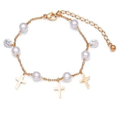 Biżuteria e-shop Stalowa bransoletka miedzianego koloru - krzyżyk, syntetyczne perły, bezbarwne cyrkonie