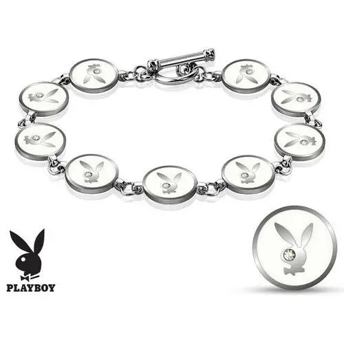 Stalowa bransoletka srebrnego koloru, białe kółka z zajączkiem playboy, cyrkonie Biżuteria e-shop