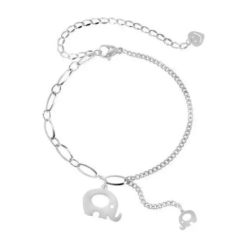Biżuteria e-shop Stalowa bransoletka srebrnego koloru - błyszczące słonie z wycięciem, różne rodzaje ogniw