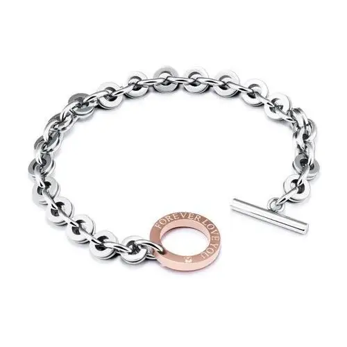 Biżuteria e-shop Stalowa bransoletka srebrnego koloru - miedziany kontur koła, napis "forever love you", cyrkonia