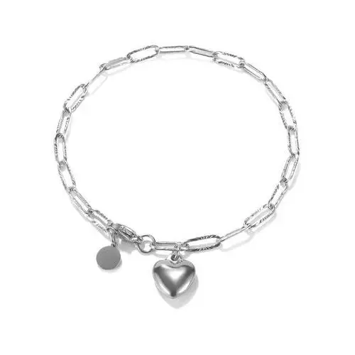 Biżuteria e-shop Stalowa bransoletka srebrnego koloru - pełne serce, krążek, owalne ogniwa z promienistymi nacięciami