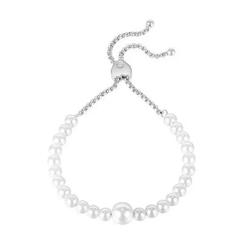 Biżuteria e-shop Stalowa bransoletka srebrnego koloru - perłowo białe koraliki, bezbarwne cyrkonie, przesuwane zapięcie