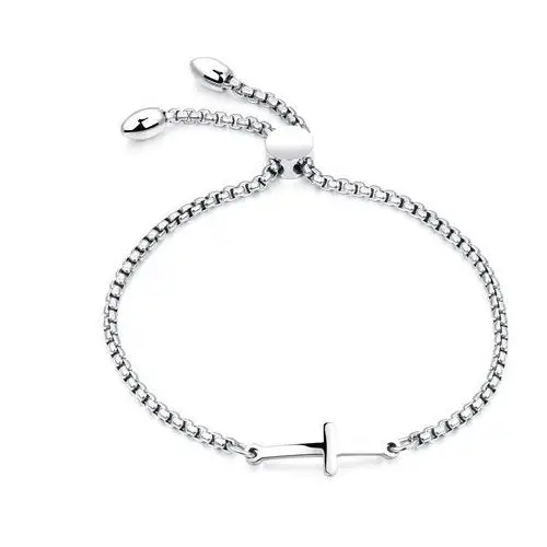 Biżuteria e-shop Stalowa bransoletka srebrnego koloru - wypukły krzyż, kanciasty łańcuszek, przesuwane zapięcie