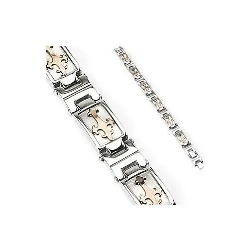 Biżuteria e-shop Stalowa bransoletka srebrnego koloru z liliowym krzyżem w złotym odcieniu