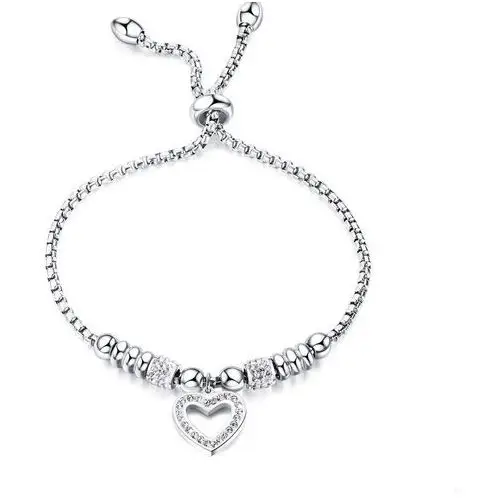 Stalowa bransoletka, srebrny kolor - serduszko z cyrkoniami, lśniące kuleczki, grubszy łańcuszek Biżuteria e-shop