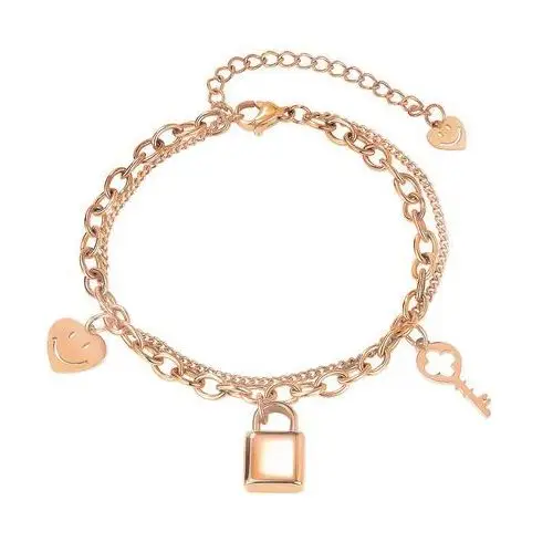 Biżuteria e-shop Stalowa bransoletka w kolorze miedzi - serce z uśmiechniętą buzią, kłódka i klucz, podwójny łańcuszek