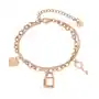 Biżuteria e-shop Stalowa bransoletka w kolorze miedzi - serce z uśmiechniętą buzią, kłódka i klucz, podwójny łańcuszek Sklep