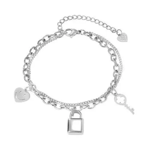 Stalowa bransoletka w kolorze srebrnym - serce z uśmiechniętą buzią, kłódka i klucz, podwójny łańcuszek, kolor szary