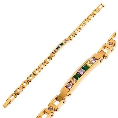 Biżuteria e-shop Stalowa bransoletka w kolorze złotym, wąski znak i kolorowe cyrkonie