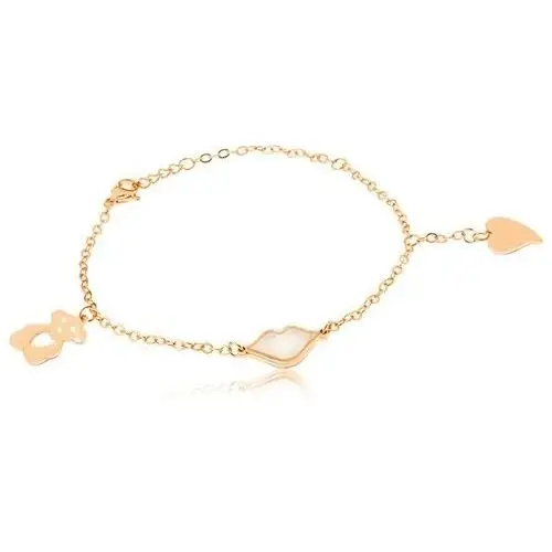 Biżuteria e-shop Stalowa bransoletka w złotym kolorze, perłowe usta, wycinany miś, serce