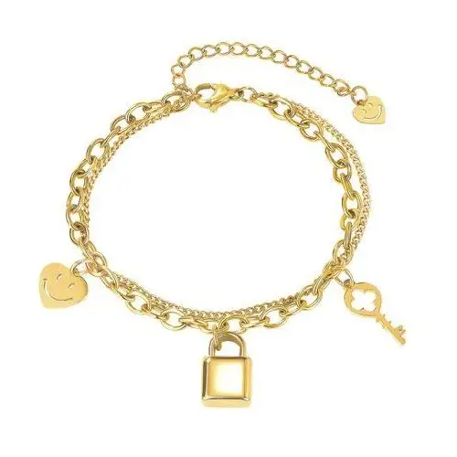 Stalowa bransoletka w złotym kolorze - serce z uśmiechniętą buzią, kłódka i klucz, podwójny łańcuszek