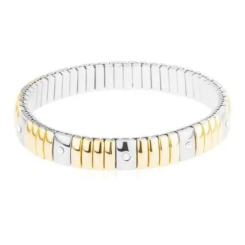 Stalowa bransoletka złotego i srebrnego koloru, wąskie i szerokie prostokąty, przezroczyste cyrkonie Biżuteria e-shop