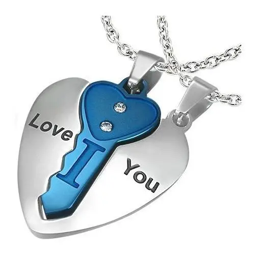Stalowa dwuczęściowa zawieszka, serce srebrnego koloru z niebieskim kluczykiem, napis, cyrkonie, kolor niebieski