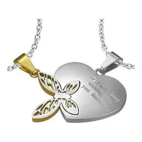 Biżuteria e-shop Stalowa dwuczęściowa zawieszka, srebrny i złoty kolor, serce z napisem, motyl z wycięciami