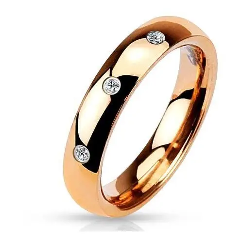 Biżuteria e-shop Stalowa obrączka różowo-złotego koloru - trzy okrągłe przezroczyste cyrkonie, 4 mm - rozmiar: 57