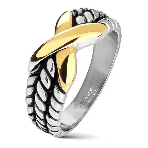 Biżuteria e-shop Stalowa obrączka srebrnego koloru, nacięcia na ramionach, x złotego koloru - rozmiar: 69
