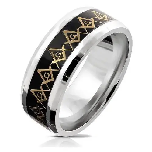 Biżuteria e-shop Stalowa obrączka - symbol masonów w złotym kolorze, półprzezroczyste szkliwo, 8 mm - rozmiar: 59