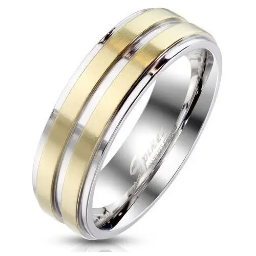 Biżuteria e-shop Stalowa obrączka w srebrnym kolorze - ozdobiona dwoma paskami w złotym kolorze, 6 mm - rozmiar: 65
