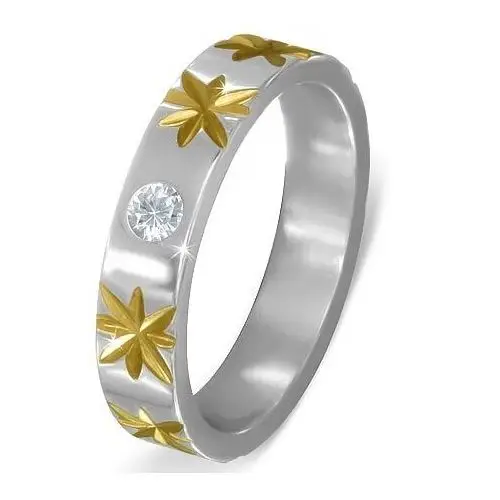 Stalowa obrączka ze złotymi gwiazdami i przeźroczystą cyrkonią - rozmiar: 68 Biżuteria e-shop