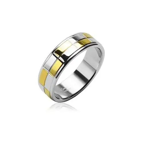 Stalowa obrączka ze złotymi i srebrnymi lśniącymi prostokątami - rozmiar: 63 Biżuteria e-shop