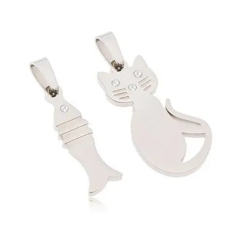 Stalowa podwójna zawieszka, błyszczący kot i ryba, srebrny kolor, przezroczyste cyrkonie Biżuteria e-shop