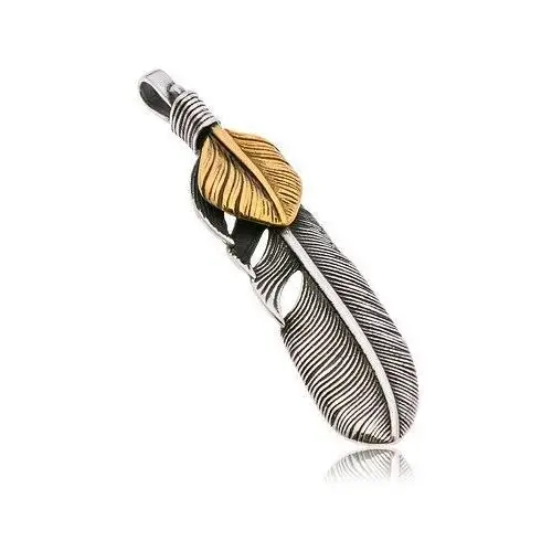 Biżuteria e-shop Stalowa zawieszka, połączone patynowane piórka srebrnego i złotego koloru