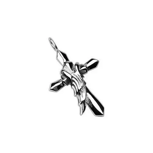 Biżuteria e-shop Stalowa zawieszka w kolorze srebrnym - krzyż z anielskim skrzydłem