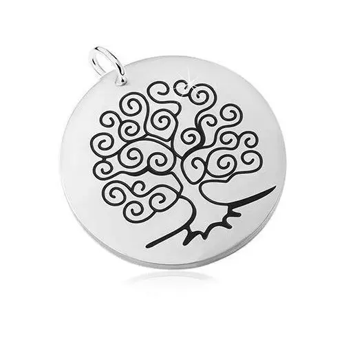 Biżuteria e-shop Stalowa zawieszka w kolorze srebrnym, matowy krąg z czarnym drzewem życia