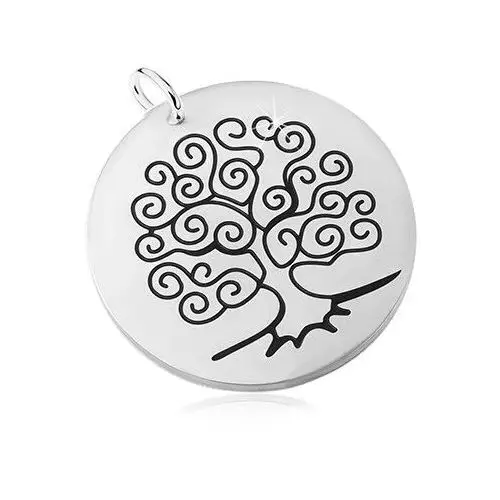 Biżuteria e-shop Stalowa zawieszka w kolorze srebrnym, matowy krąg z czarnym drzewem życia