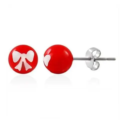 Stalowe kolczyki, czerwona kuleczka z białą kokardką, zapięcie na sztyft Biżuteria e-shop