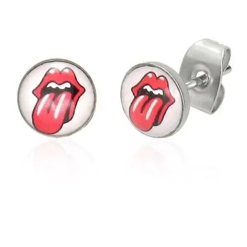 Stalowe kolczyki - czerwone usta i wyciągnięty język, białe tło Biżuteria e-shop