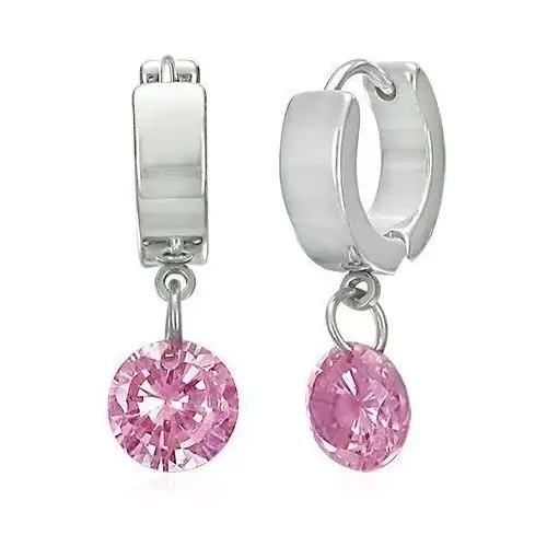Stalowe kolczyki - kółka w srebrnym odcieniu, wyszlifowany stożek różowego koloru Biżuteria e-shop
